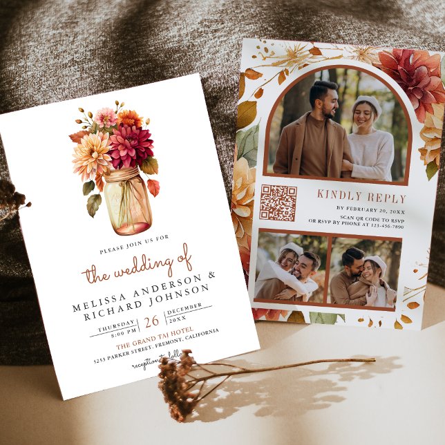 Invitation Mariage Code QR Jar Mason Floral Dahlia d'Automne (Créateur téléchargé)