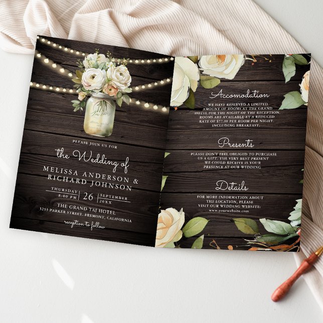 Invitation Mariage Code QR Jar Mason Roses Blanches Bois Rust (Créateur téléchargé)