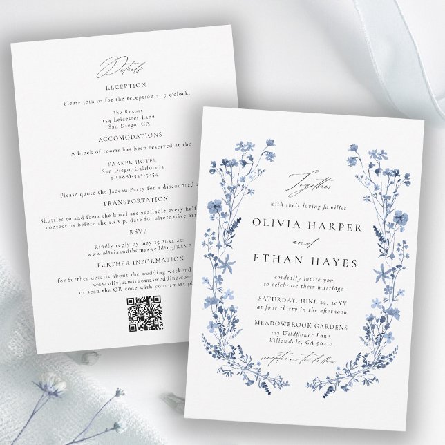 Invitation Mariage Code QR Jardin Floral Fleur Sauvage Bleu (wildflower wedding theme blue invitation watercolor garden backyard barn summer spring all in one qr)