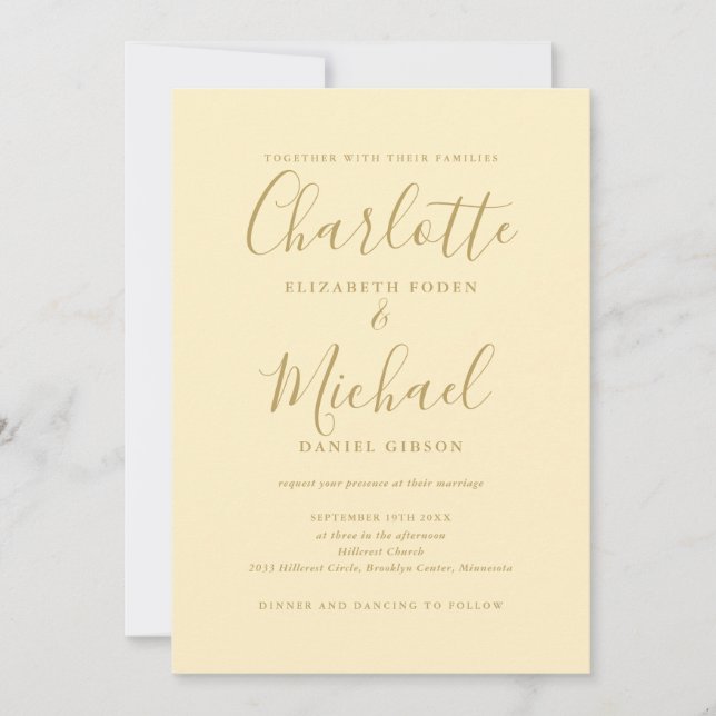 Invitation Mariage Code QR Jaune Bouton d'Or et Or (Devant)