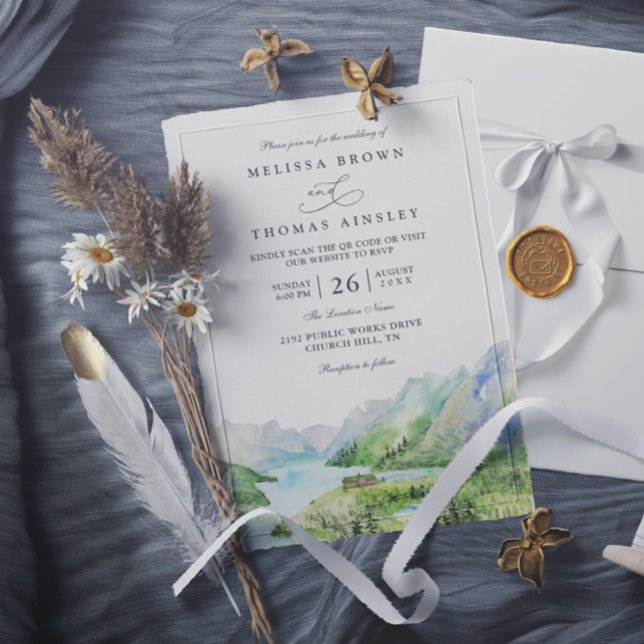 Invitation Mariage Code QR Lacs Rustiques Montagne Aquarelle (Créateur téléchargé)