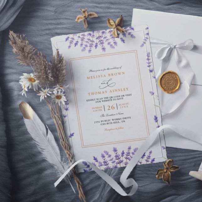 Invitation Mariage Code QR Lavande Aquarelle Classique Violet (Créateur téléchargé)