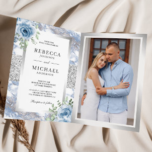 Invitation Mariage Code QR Marbre Floral Bleu Poussière d'Arg