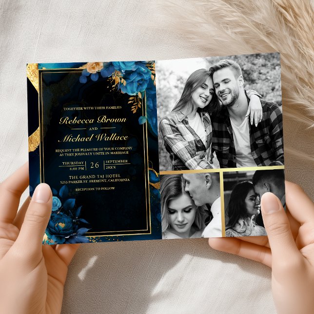 Invitation Mariage Code QR Marbre Floral Bleu Royal Or (Créateur téléchargé)
