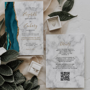 Invitation Mariage Code QR Marbre Or Agate Sarcelle Moderne