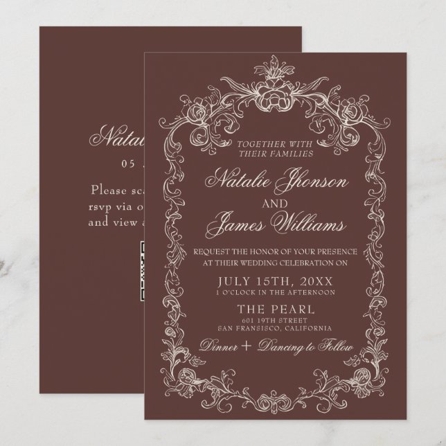 Invitation Mariage Code QR Marron Chocolat Ancien Argent (Devant / Derrière)