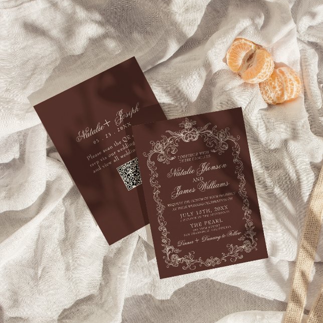 Invitation Mariage Code QR Marron Chocolat Ancien Argent (Créateur téléchargé)