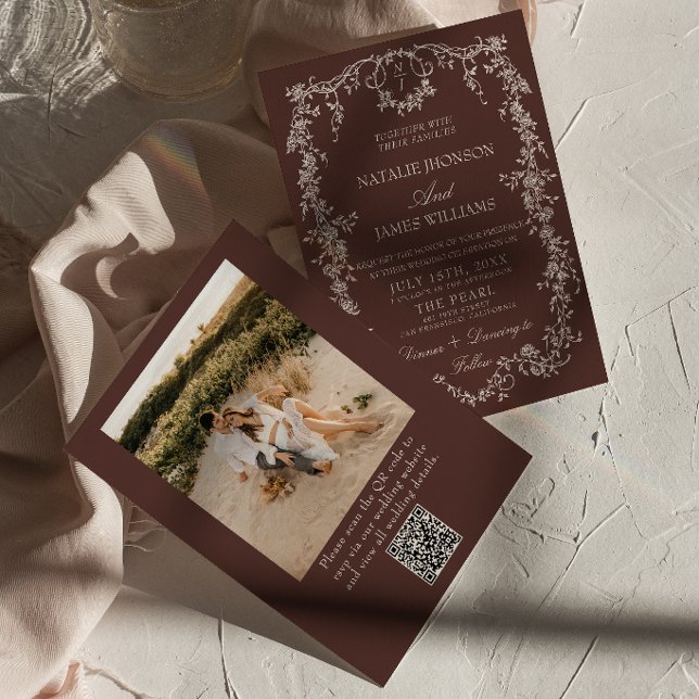 Invitation Mariage Code QR Marron Chocolat Photo Florale Élég (Créateur téléchargé)