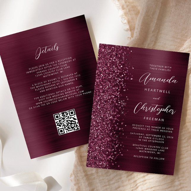 Invitation Mariage Code QR Métal Brossé Burgundy Glam (Créateur téléchargé)