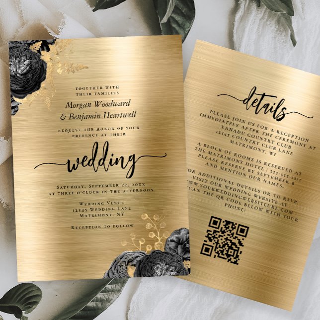 Invitation Mariage Code QR Métal Brossé Fleurs Noires Or (Créateur téléchargé)