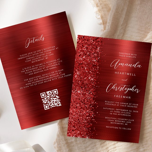 Invitation Mariage Code QR Métal Brossé Rouge Glam (Créateur téléchargé)