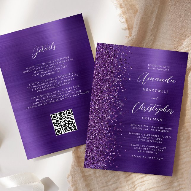Invitation Mariage Code QR Métal Brossé Violet Glam (Créateur téléchargé)