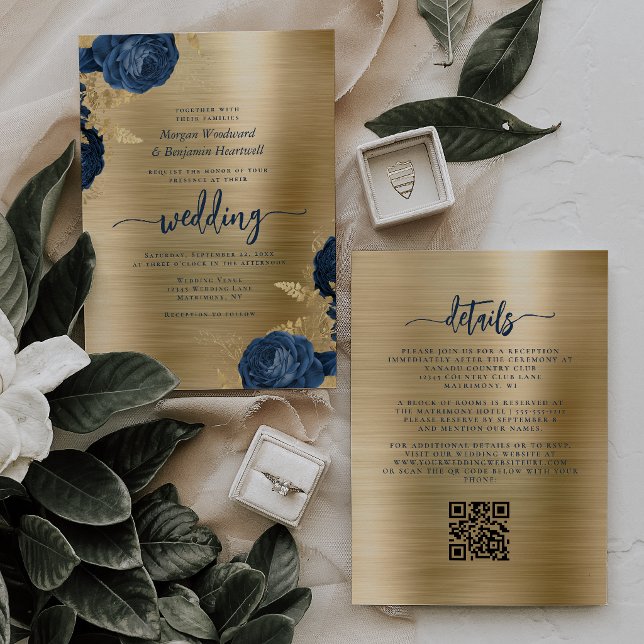 Invitation Mariage Code QR métallisé or floral bleu marine (Créateur téléchargé)
