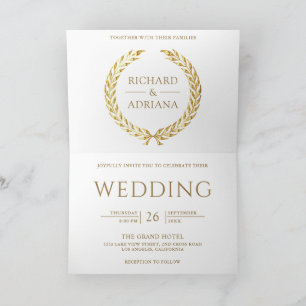 Invitation Mariage Code QR Minimal Laurier Or Blanc