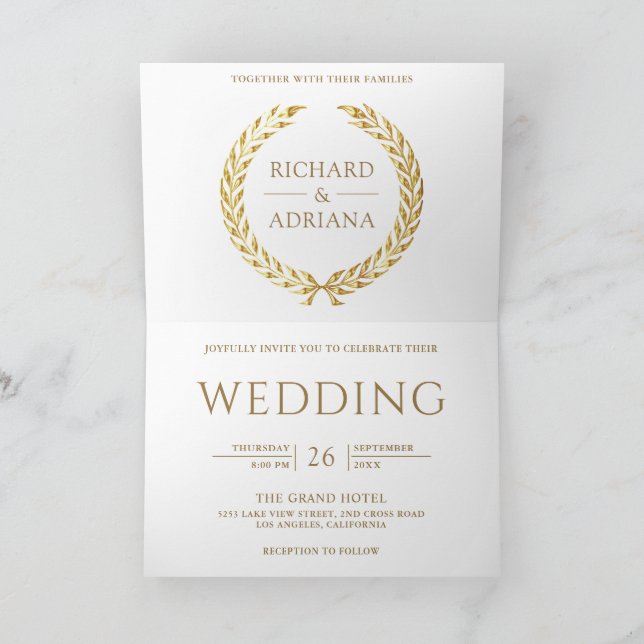 Invitation Mariage Code QR Minimal Laurier Or Blanc (Intérieur)