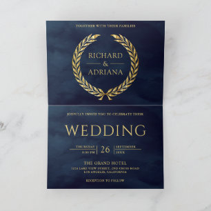Invitation Mariage Code QR Minimal Laurier Or Bleu Marine