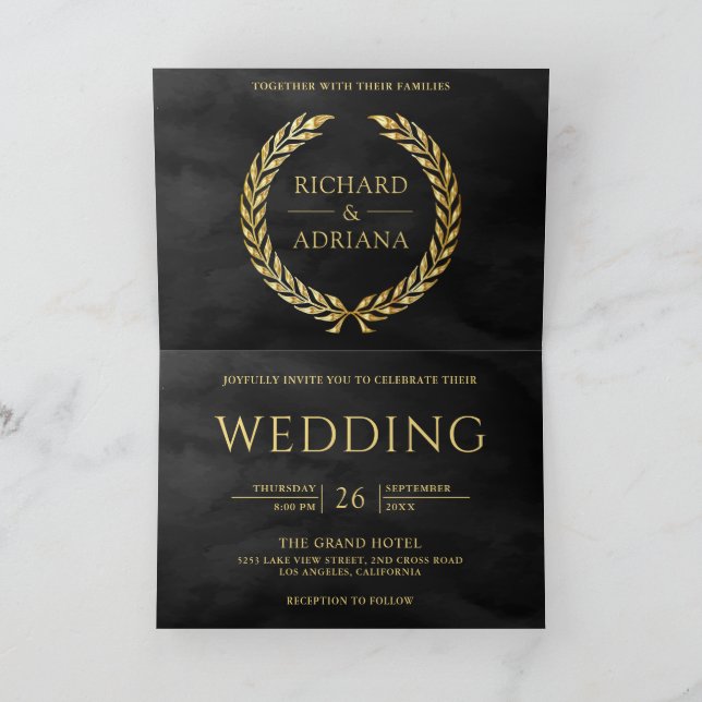Invitation Mariage Code QR Minimal Laurier Or Gris Charbon (Intérieur)