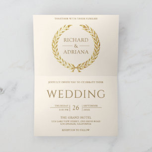 Invitation Mariage Code QR Minimal Laurier Or Ivoire Crème
