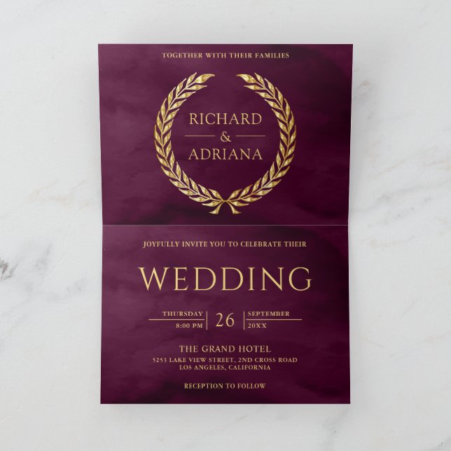 Invitation Mariage Code QR Minimal Laurier Or Plum (Intérieur)