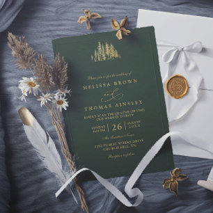 Invitation Mariage Code QR Minimaliste Pins Arbres Or Rustiqu