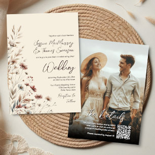 Invitation Mariage Code QR Moderne de Fleurs Sauvages Boho &