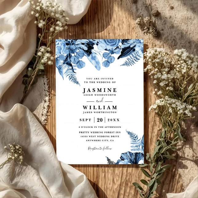 Invitation Mariage Code QR Moderne Élégant Floral Bleu Boho (Créateur téléchargé)
