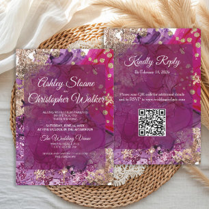Invitation Mariage code QR Moderne Magenta Prune Or