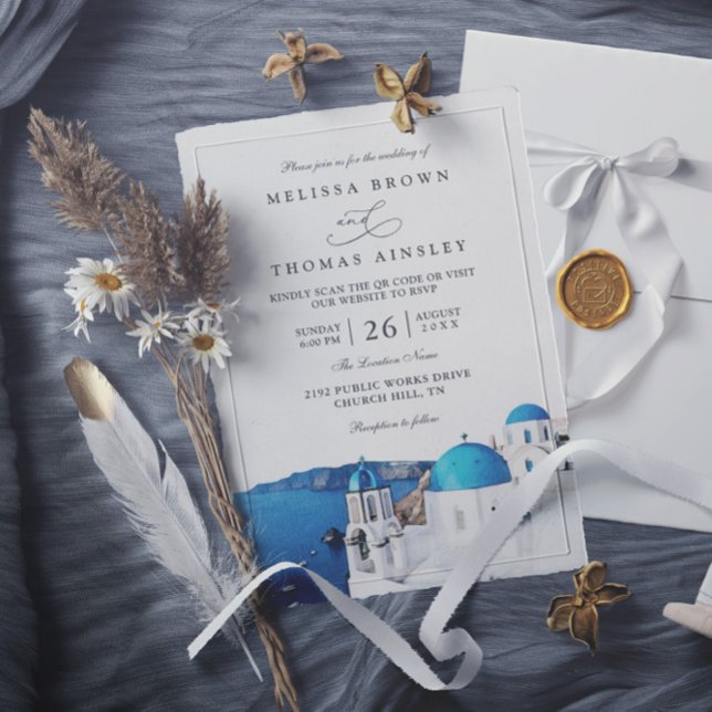 Invitation Mariage Code QR Moderne Santorin Grèce Aquarelle (Créateur téléchargé)