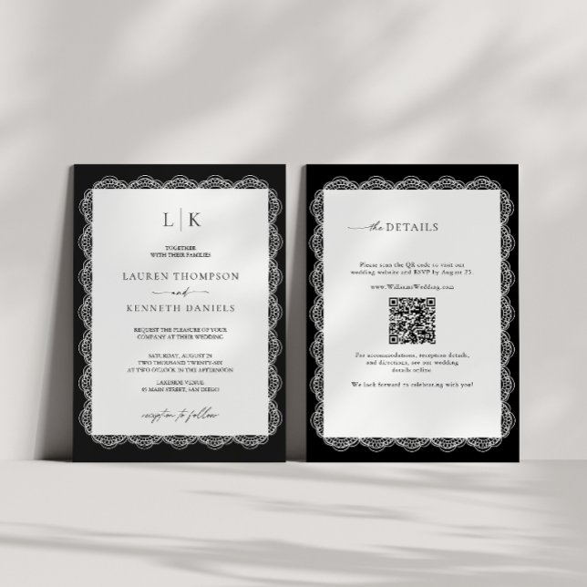 Invitation Mariage Code QR Monogramme Cadre Dentelle Noir Bla (Créateur téléchargé)