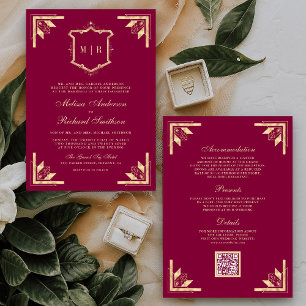 Invitation Mariage Code QR Monogramme Crête d'Or Magenta