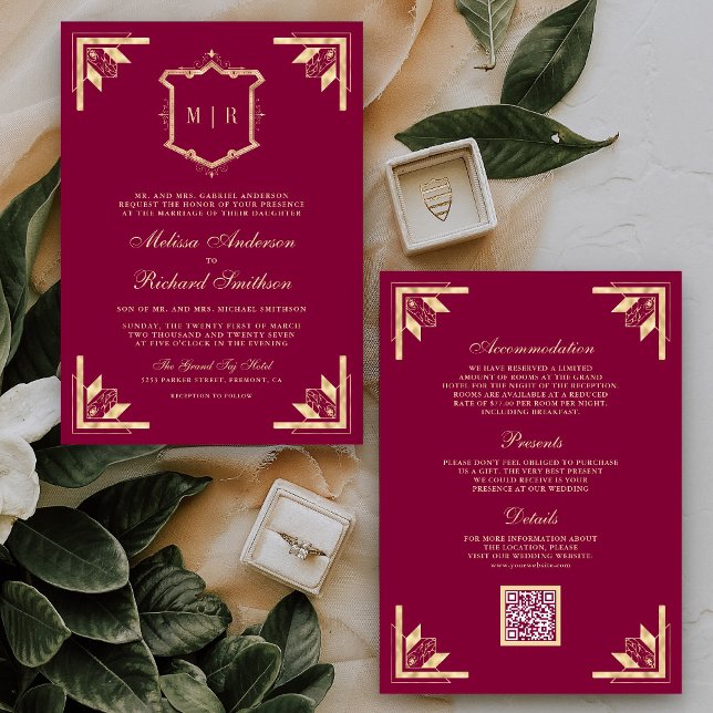 Invitation Mariage Code QR Monogramme Crête d'Or Magenta (Créateur téléchargé)