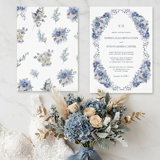 Invitation Mariage code QR monogramme de jardin bleu poussiér (Créateur téléchargé)