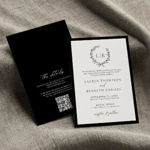 Invitation Mariage code QR monogramme noir et blanc classique