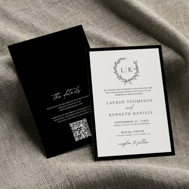 Invitation Mariage code QR monogramme noir et blanc classique (Créateur téléchargé)