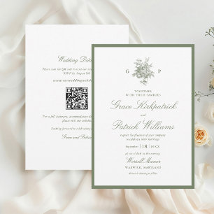 Invitation Mariage Code QR Monogramme Vert Sauge Classique
