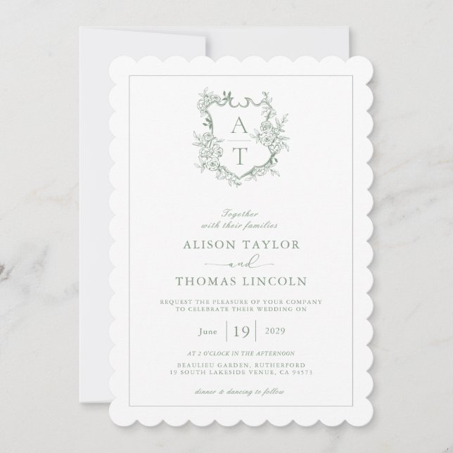 Invitation Mariage Code QR Monogramme Vert Sauge Crête (Devant)
