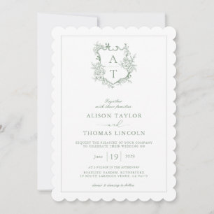 Invitation Mariage Code QR Monogramme Vert Sauge Crête