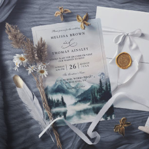Invitation Mariage Code QR Montagnes Aquarelle Atmosphère Pin