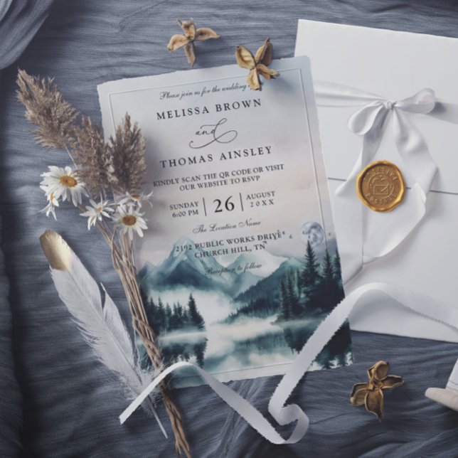Invitation Mariage Code QR Montagnes Aquarelle Atmosphère Pin (Créateur téléchargé)