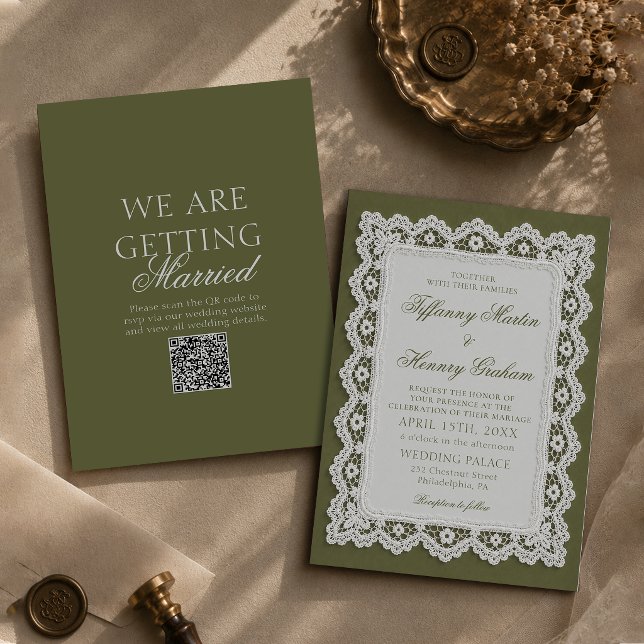Invitation Mariage Code QR Nappe en Dentelle Vert Olive Old M (Créateur téléchargé)