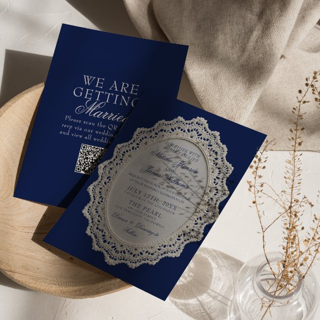 Invitation Mariage Code QR Napperon en Dentelle Bleu Marine V (Créateur téléchargé)