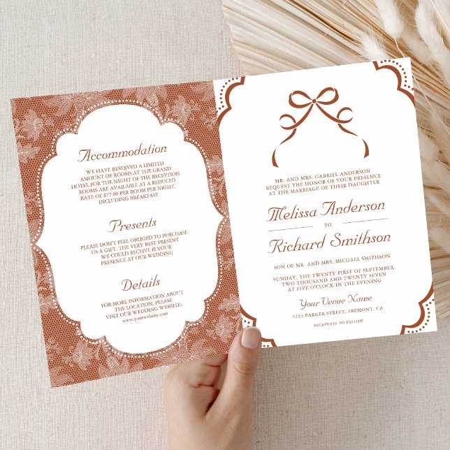 Invitation Mariage code QR nœud coquette blanc terre cuite (Créateur téléchargé)