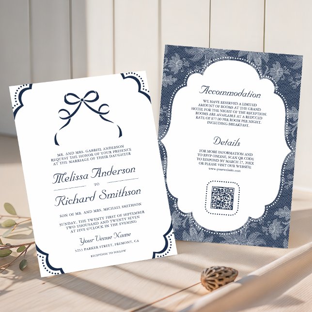 Invitation Mariage Code QR Nœud Coquette Dentelle Blanche Ble (Créateur téléchargé)