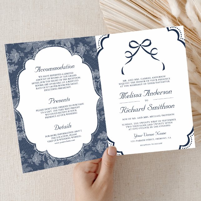 Invitation Mariage Code QR Nœud Coquette Dentelle Blanche Ble (Créateur téléchargé)