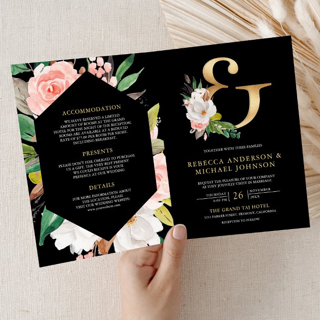 Invitation Mariage Code QR Noir Ampersand Floral Rose Blush (Créateur téléchargé)