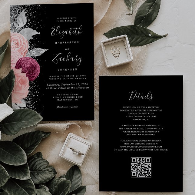 Invitation Mariage Code QR Noir Argent Rouge Floral (Créateur téléchargé)