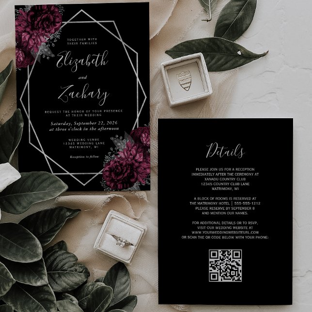 Invitation Mariage Code QR Noir Cadre Argent Floral Bourgogne (Créateur téléchargé)
