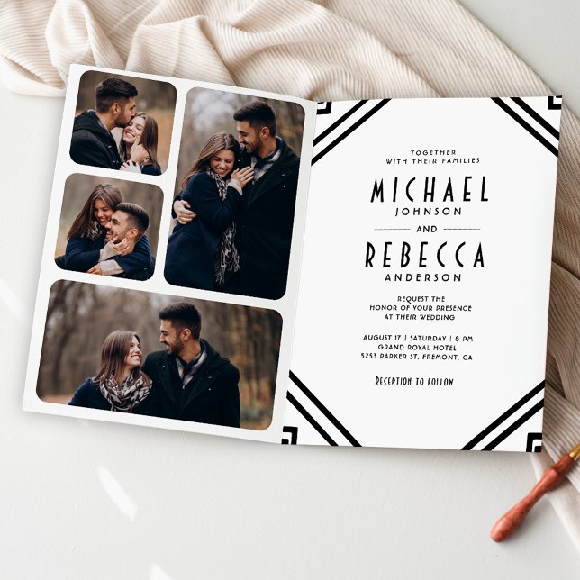 Invitation Mariage code QR noir et blanc Art déco géométrique (Créateur téléchargé)
