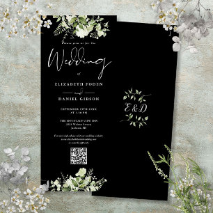 Invitation Mariage Code QR Noir et Blanc Floral Végétal