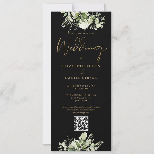Invitation Mariage Code QR Noir et Or Floral Verdure (Devant)